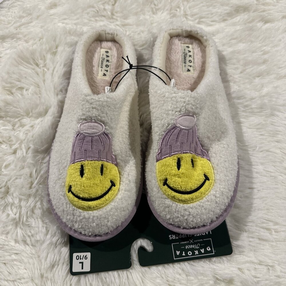 Dakota Fleece womens purple beanie smiley slippers 9/10 NEW retro